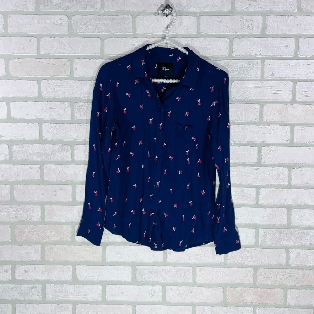 Rails Kate Long Sleeve Button Down Shirt in Navy Cherries Size XS - Picture 2 of 8